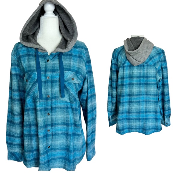 COLUMBIA Canyon Point II Blue Plaid Flannel Shirt Jacket Hoodie Size XL - Picture 1 of 14